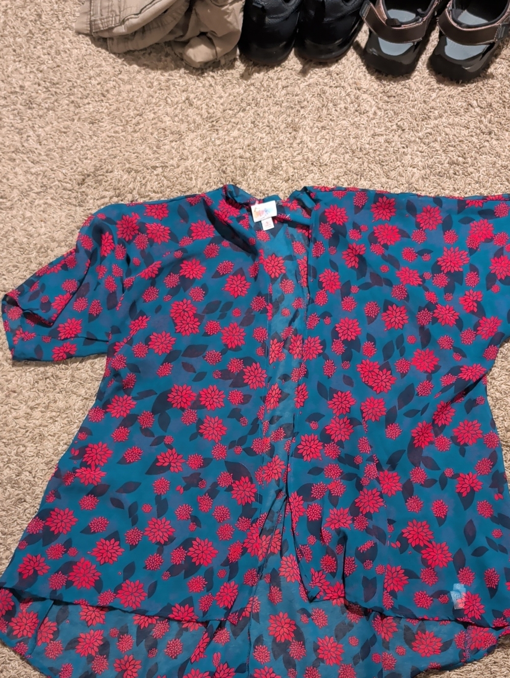 LuLaRoe Teal Cover Up with Pink Floral Print